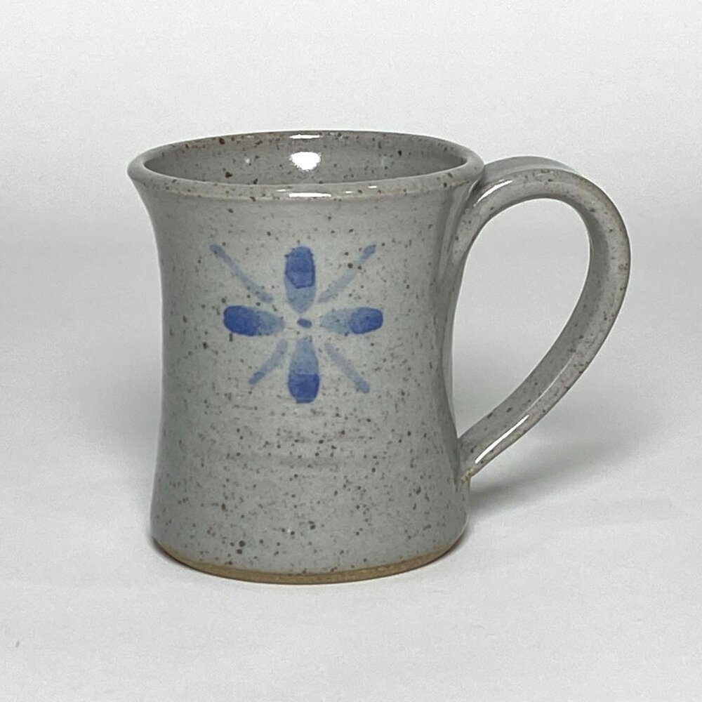 Vintage Handmade Gray Stoneware Coffee Tea Mug Blue Flower Artist Signed 1986